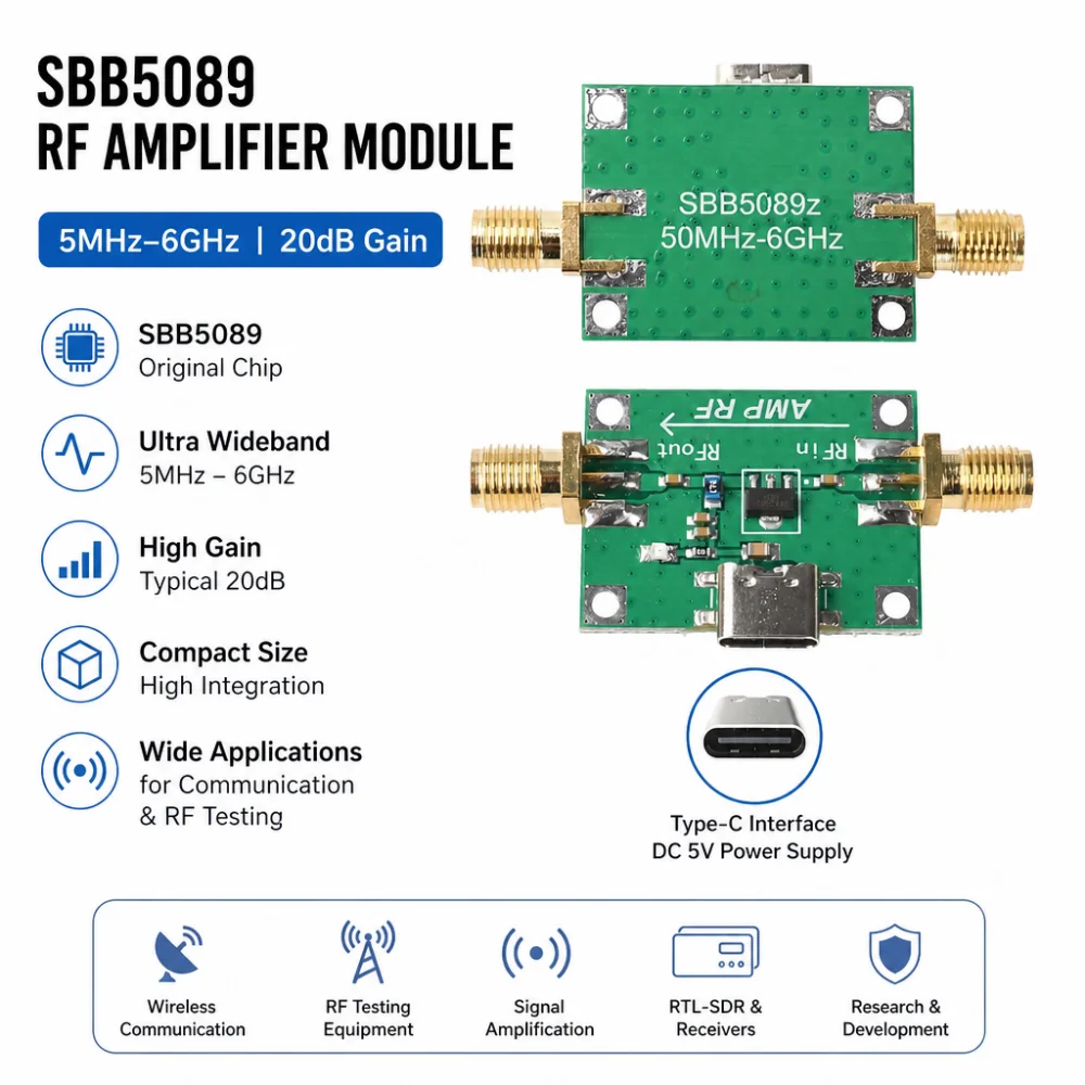 5 MHz–6 GHz HF-Leistungsverstärker, 5 V DC, 20 dB Verstärkung, HF-Modul mit SBB5089 Original-Chip und Typ-C-Schnittstelle