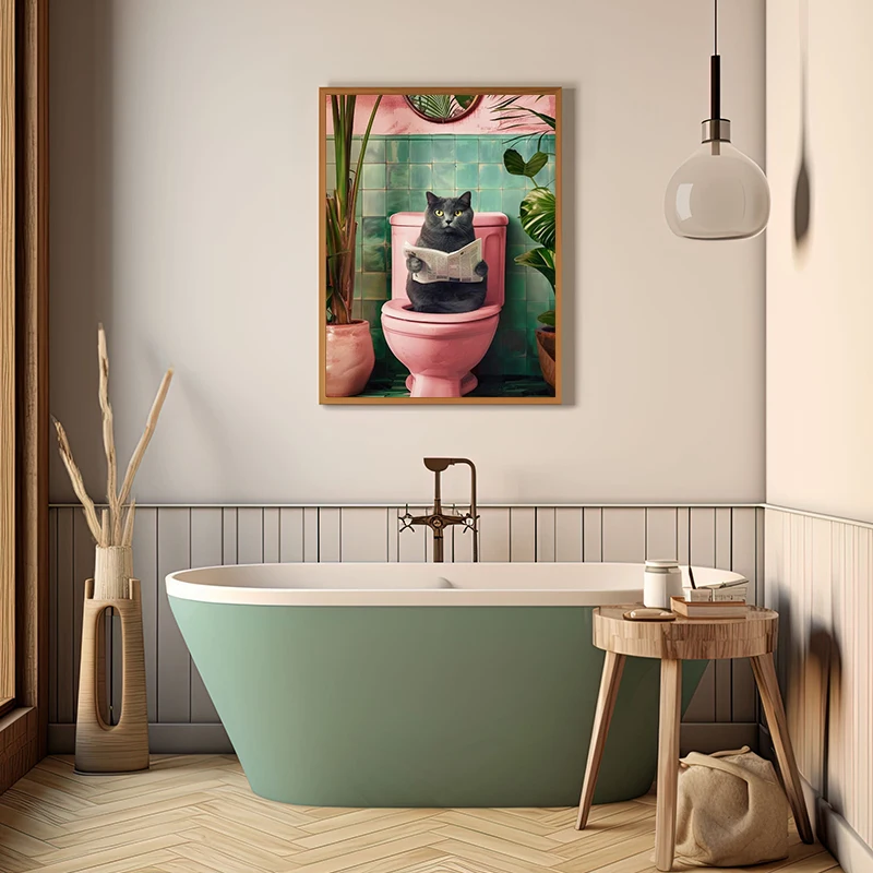 Funny Toilet Animals Black Cat Dog Flamingo Bear Tiger Reading Newspaper Poster Canvas Painting Wall Art Pictures Bathroom Decor