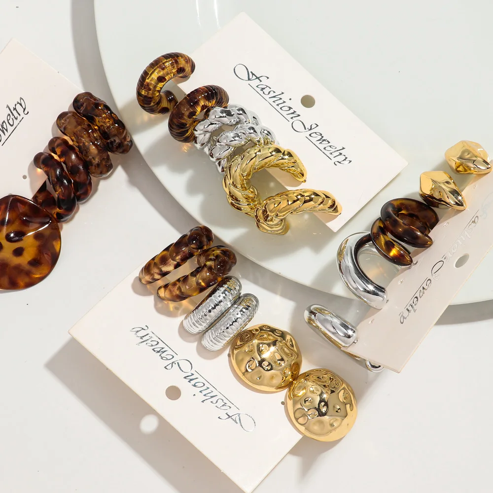 3 أزواج خمر الاكريليك الذهبي ليوبارد فضي هندسية كبيرة مكتنزة طقم من الحلقان للنساء شخصية هوب القرط 2025 مجوهرات #5