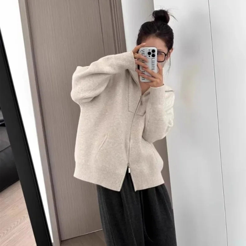 

TWOTWINSTYLE однотонный повседневный свободный кардиган с карманами для женщин, лоскутный вязаный свитер на молнии с лацканами и длинными рукавами, женский новый