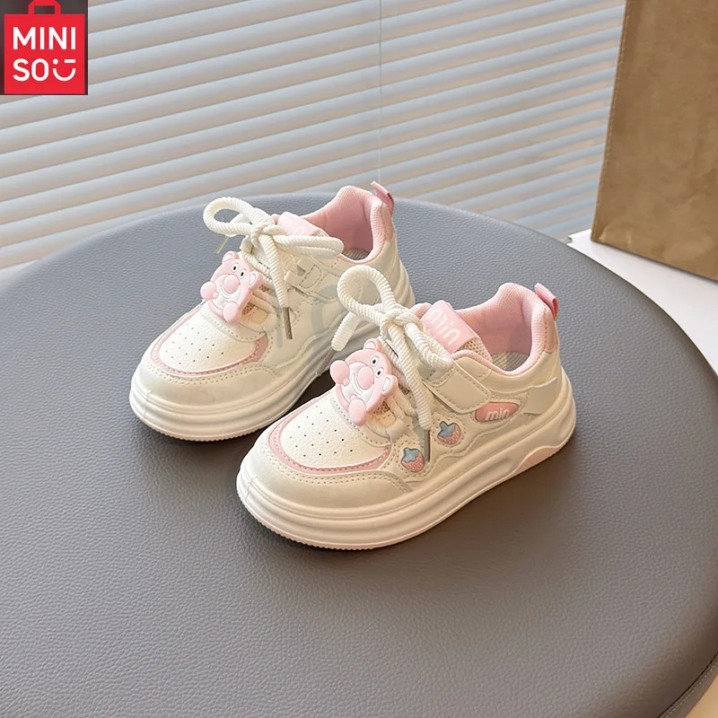 أحذية رياضية جلدية للفتيات من Miniso لربيع وخريف، نعل ناعم غير قابل للانزلاق، أحذية تزلج بيضاء للأطفال الكبار #6