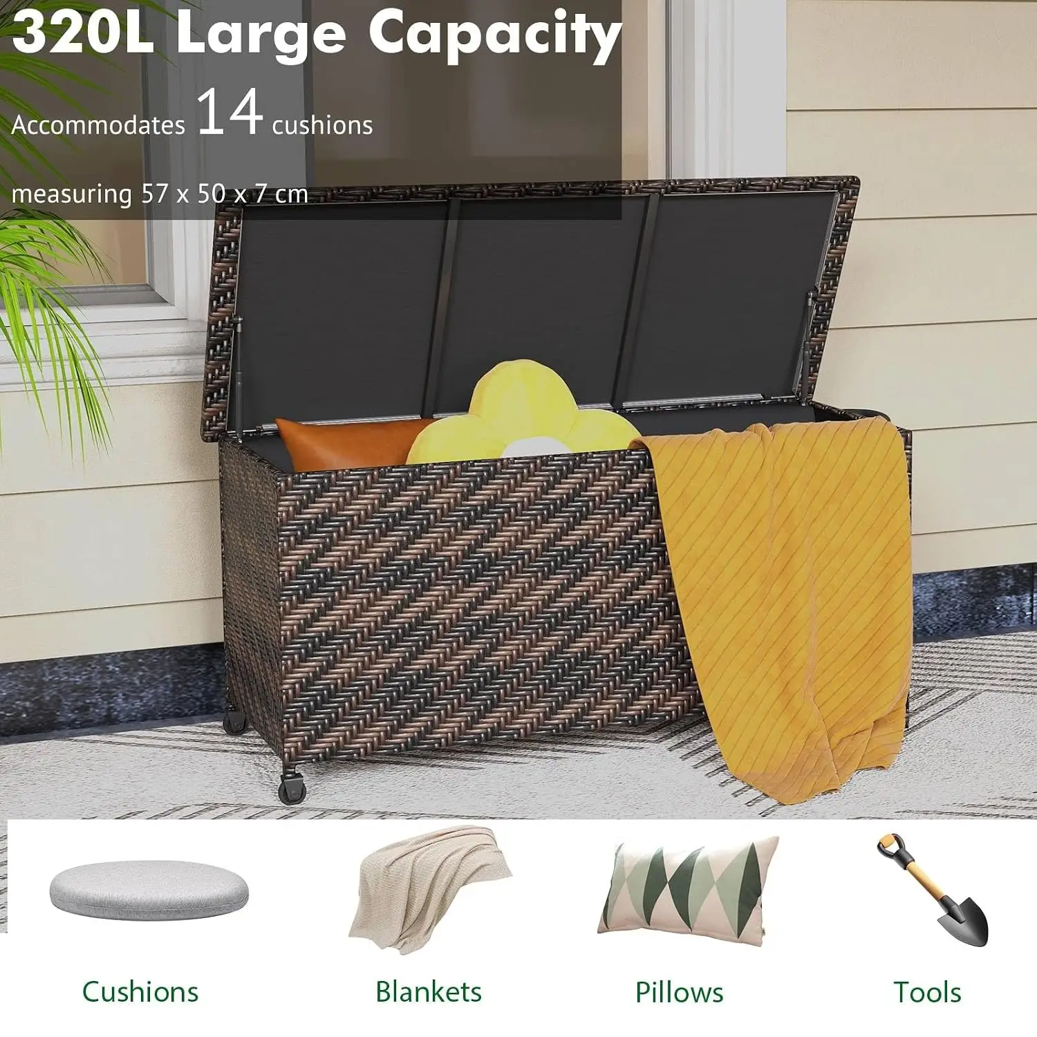 320L Garden Deck Box, Patio Cabinet Container with Polyester Liner, Universal Wheels & Gas Strut, Indoor Outdoor Storage Box
