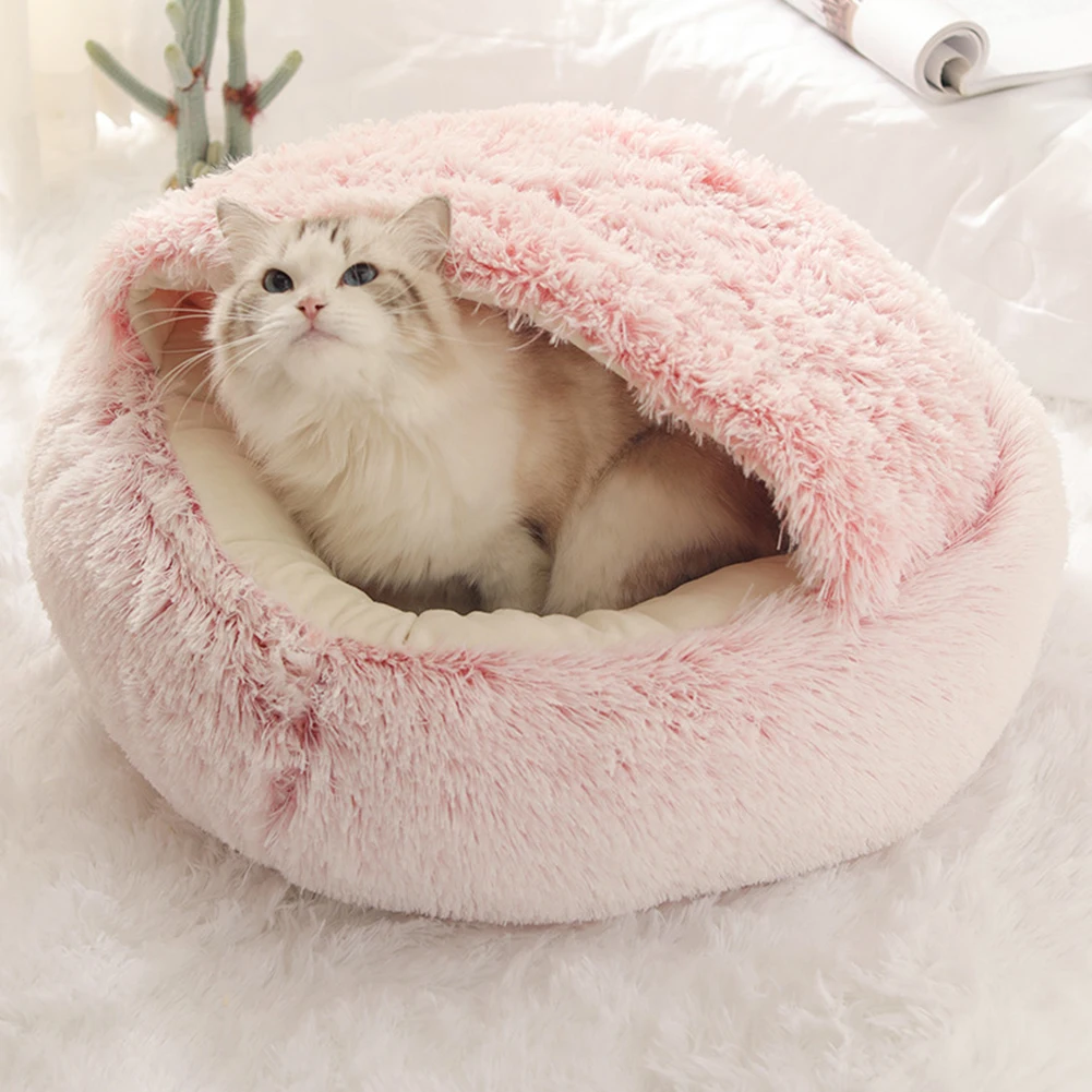 Winter Long Plush Pet Cat Bed Round Cat Cushion Cat House 2 In 1 Warm Cat Basket Cat Sleep Bag Cat Nest Kennel For Small Dog Cat