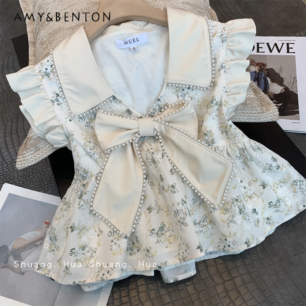 French Elegant Sweet Retro Printed Bow Lapel Shirt High Waist Ruffles Shorts High End Graceful Two Piece Sets Womens Outifits