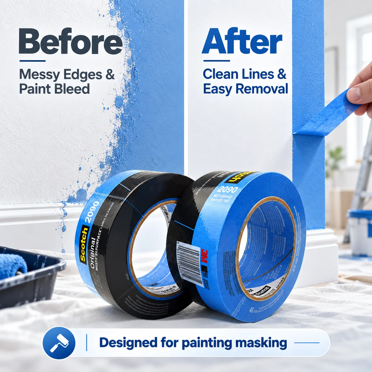 3M 2090 Blue Painter's Masking Tape Multi-Surface Clean Removal UV Resistant For Walls Glass Trim 24/48mm x 54.8m