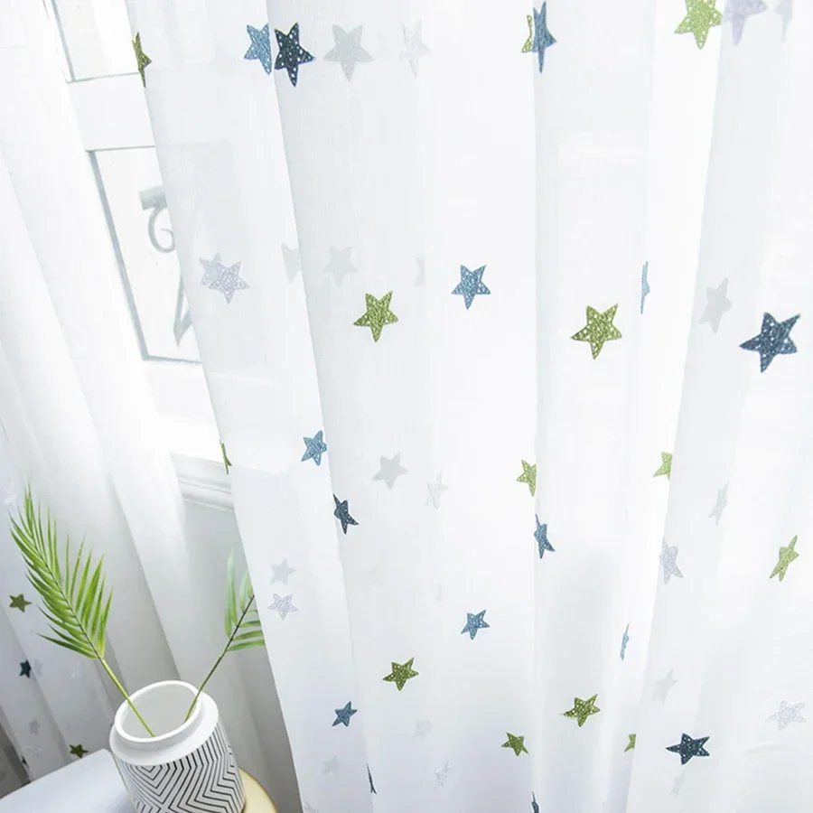 Green Mesh Towel Embroidery Star Window Screen Tulle For Living Room Children Cartoon Curtains Balcony Bedroom Sheer Drapes