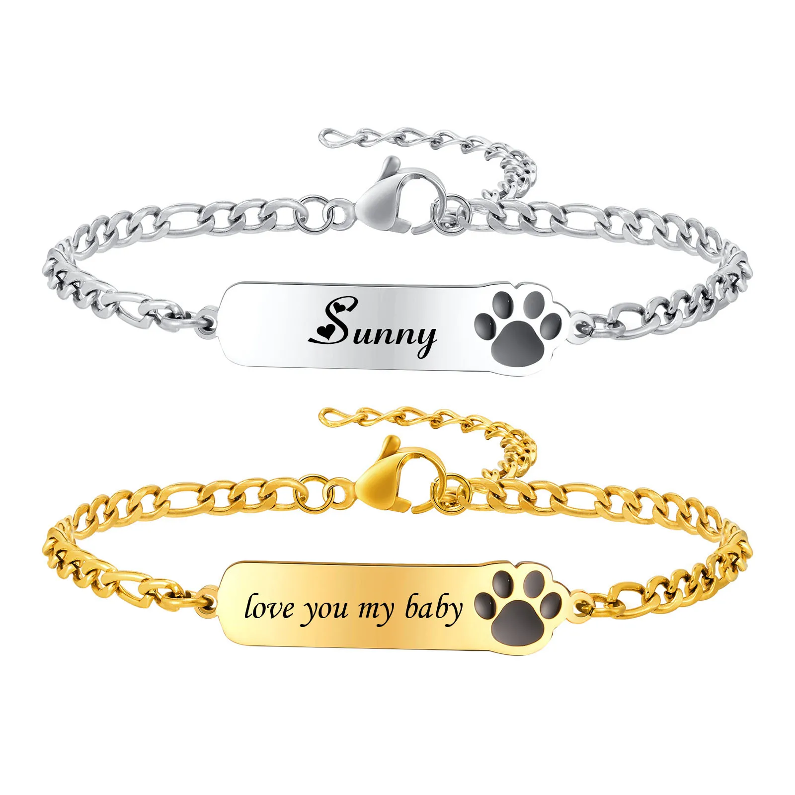 

Personalized Name Bar Bracelet with dog cat Paw Printed