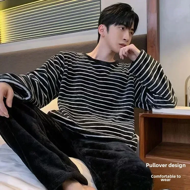 

Men's Flannel Striped Pajamas Autumn/winter Thickened Coral Fleece Suitable For Outerwear V-neck Student Korean Style Homewear
