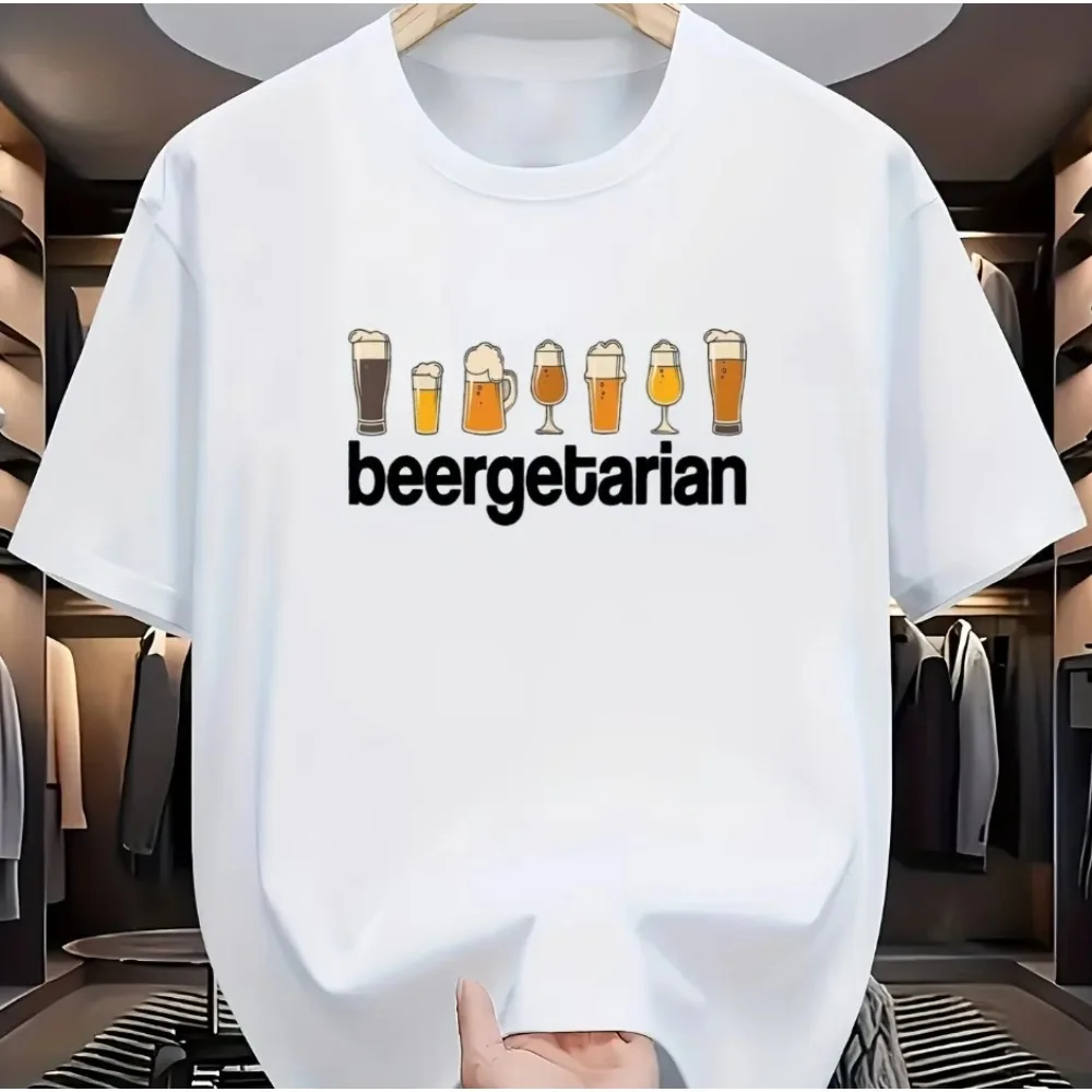 Men Cotton Funny Vegan Beer Lover T-Shirt BEERGETARIAN Print with Beer Mugs Vegan Symbol Navy Blue Crew Neck Casual Tee
