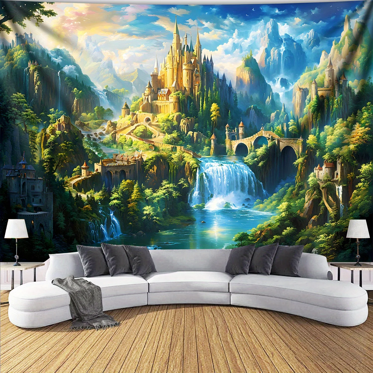 tapestry Extra Large Size - Spectacular Castle Stone Bridge Mountain Landscape Photo Giant Digital Print Tapestry