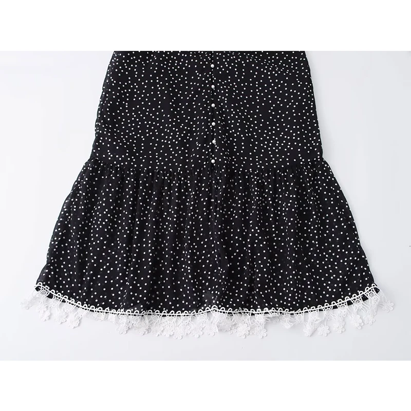 Yenkye 2025 feminino estilo francês retalhos bolinhas vestido longo botão frontal decote em v a linha magro vintage casual primavera vestido maxi