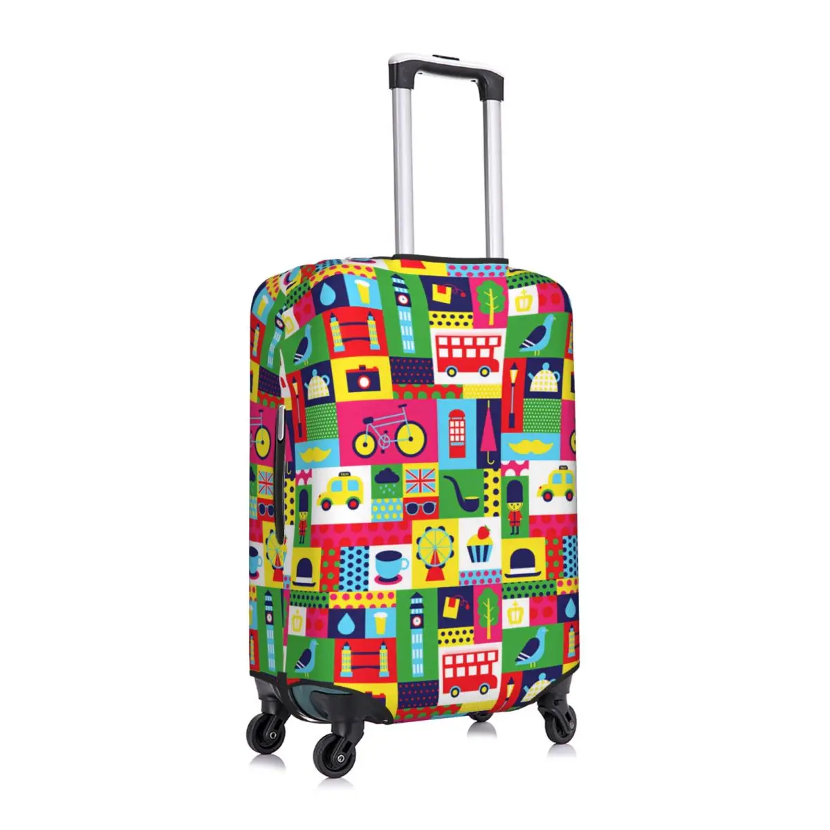 Cute Geometric Bright Pastel London UK Travel Patchwork Luggage Cover Protector Elastic Travel Suitcase Covers