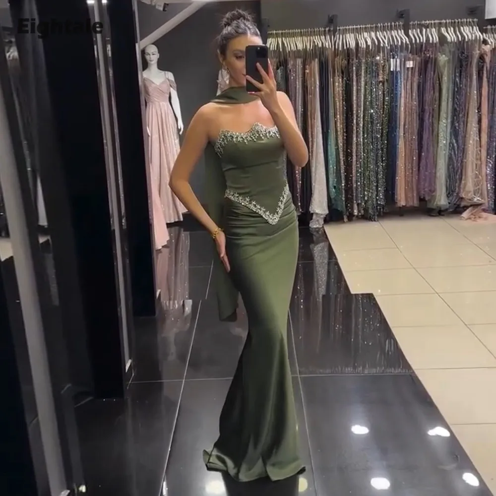 

Eightale Army Green Evening Dress Beaded with Rhinestones Customized Arabic Prom Satin Wedding Party Gown Vestidos De Gala