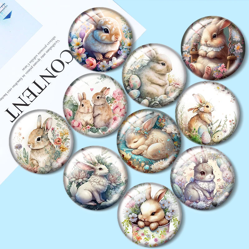 

Art Painting Flower Animals Rabbit10pcs 12mm/16mm/18mm/25mm Round Photo Glass Cabochon Demo Flat Back Making findings