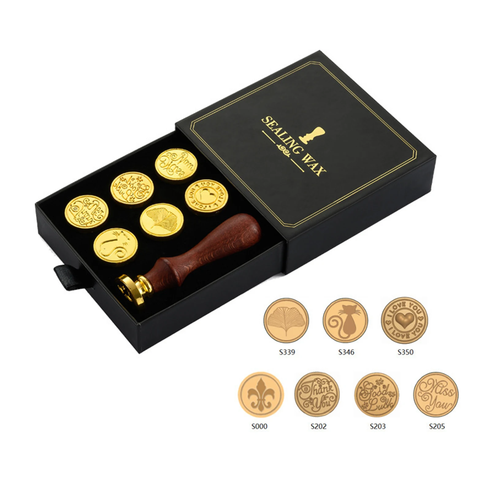 Wax Seal Stamp Kit Retro Vintage Sealing Wax Stamp Wooden Handle Replaceable Stamp Head with Gift Box for Cards Envelopes
