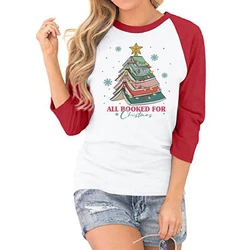 All Booked for Christmas T-Shirt Book Lovers Gift Christmas Seven-quarter Sleeve T-shirts Funny Christmas Book Lights Casual Top