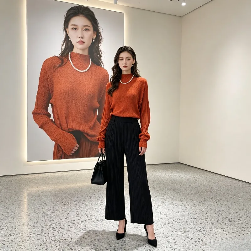 Miyake Pleated Half-High Collar Slim Fit T-Shirt for Women Long Sleeve High-End Feel Versatile Pleated Top Women's Base Shirt