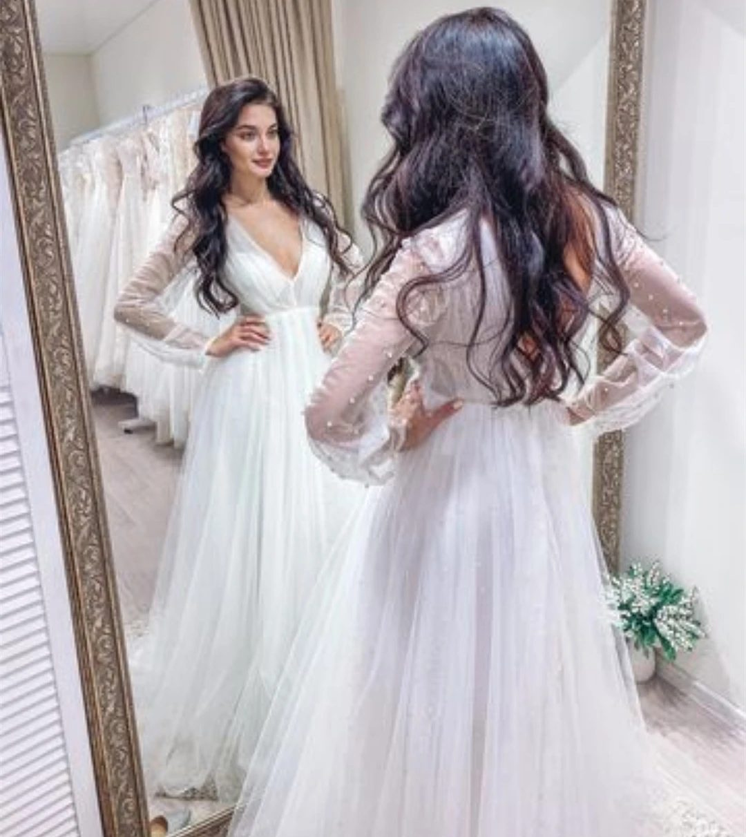 Wedding Dress Deep V-Neck Long Sleeve With Pearls Princess Vestidos Novia Backless Organza Or Length Robe De Mariee