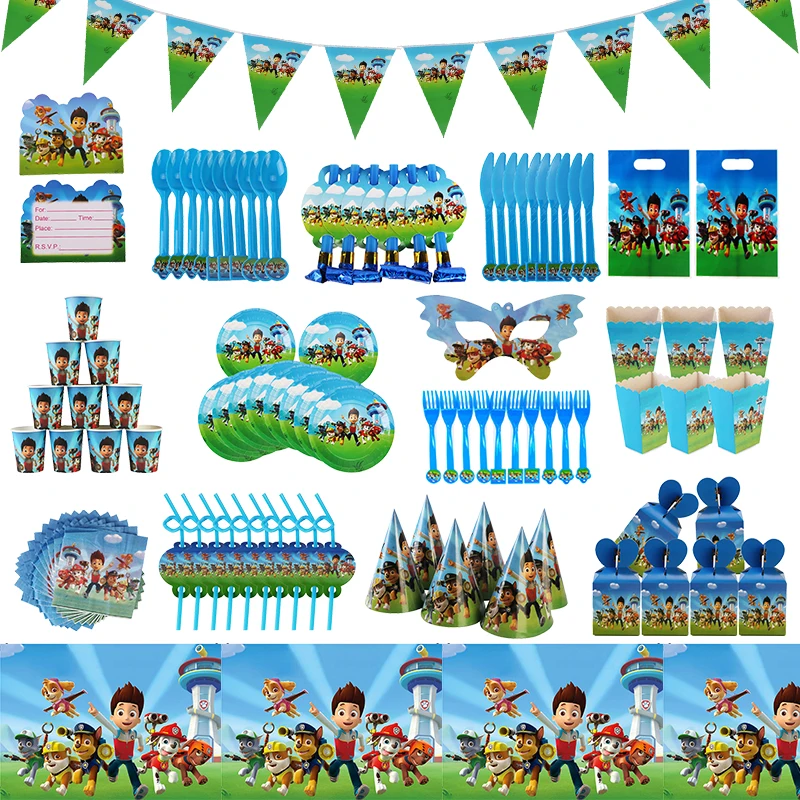 Paw patrol tema decorações de aniversário conjunto de talheres descartáveis guardanapos de papel placas copos crianças festa decoração suprimentos