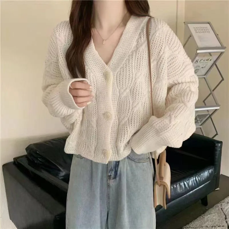 Lucyever Candy Colors Short Sweater Cardigan Women Korean Loose V-Neck Sweater Coat Ladies Autumn New Long Sleeve Knit Cardigans