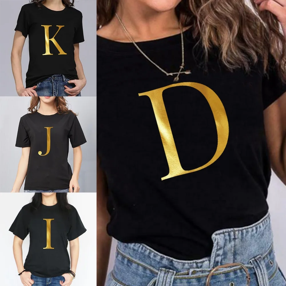 

T Shirt Ladies Round Neck Tee Short Sleeve Black Simple Letter Print Summer Fashion Casual Women Top T Shirt