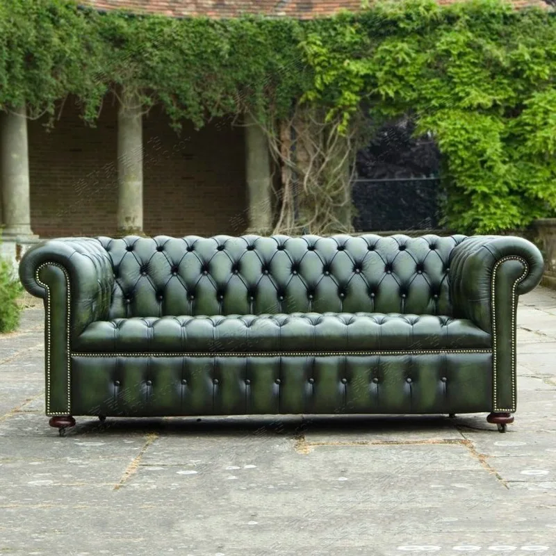 Leather sofa living room three-person retro first-layer cowhide oil wax leather European furniture combination