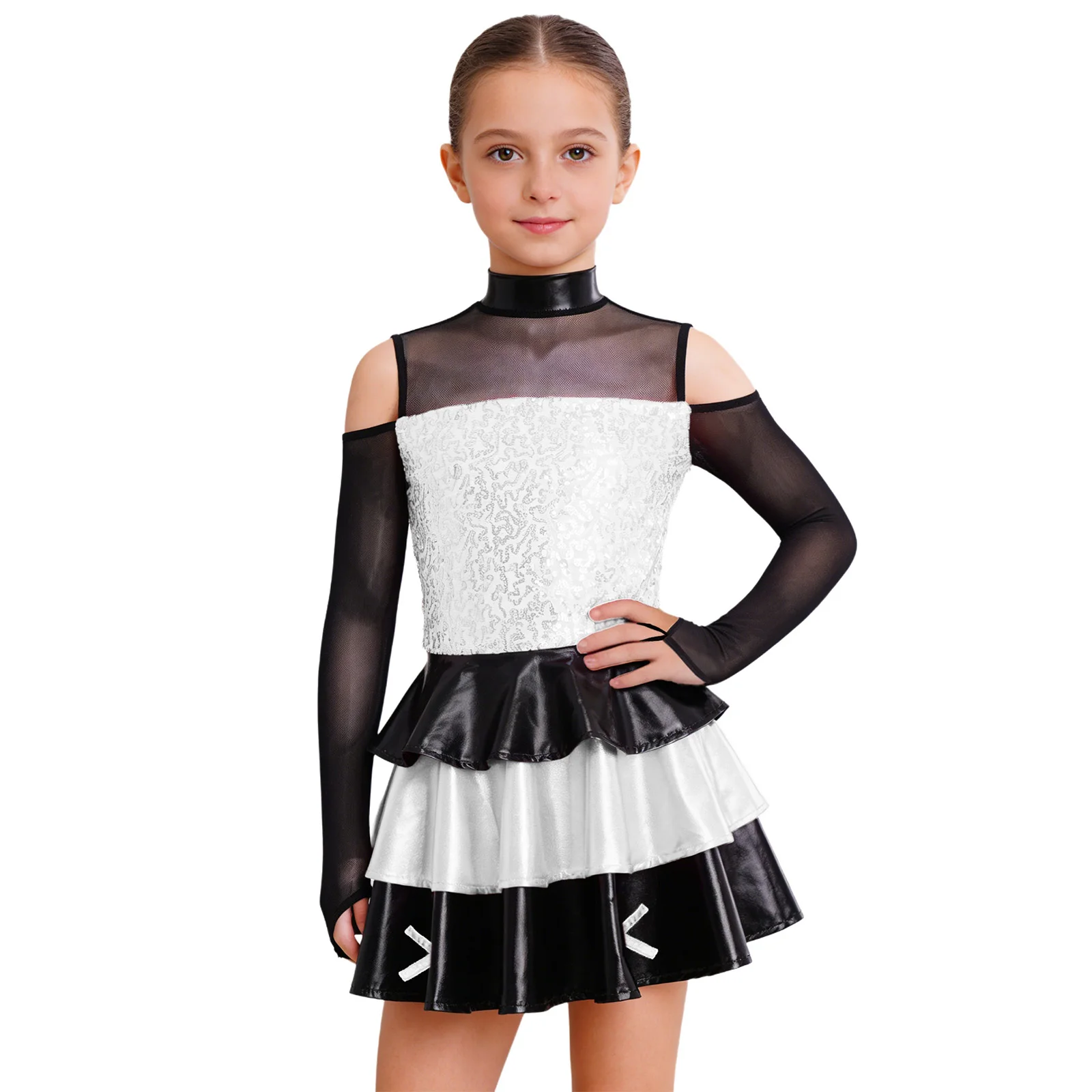 

#6-16 Kids Girls Jazz Tango Dance Performance Costume Long Sleeve Cold Shoulder Shiny Tiered Ruffled Dress Jazz Stage Dancewear