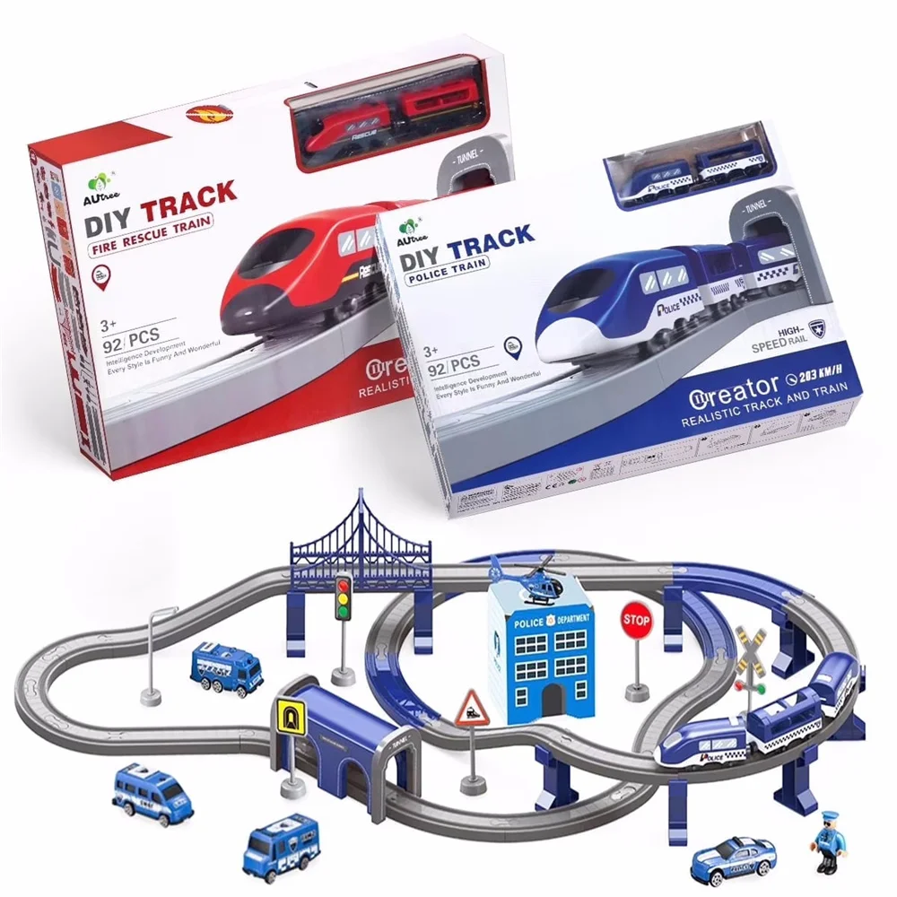 Conjunto de trem de brinquedos para crianças, conjunto de pista de corrida HDJ 92PCS para meninos, presente de aniversário de trem de Natal, brinquedo de polícia com carros, helicóptero (azul)