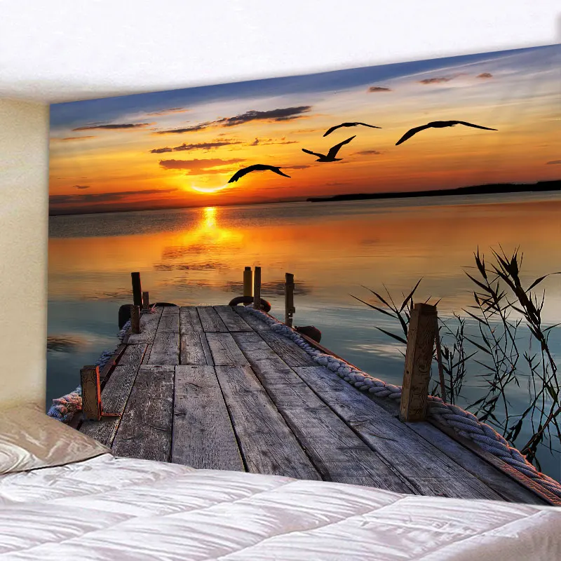 Bird Wooden Bridge Sunset Landscape Tapestry For Bedroom Ocean Coconut Trees Dusk Sea Wave Lake Scenery Wall Hanging Home Decor