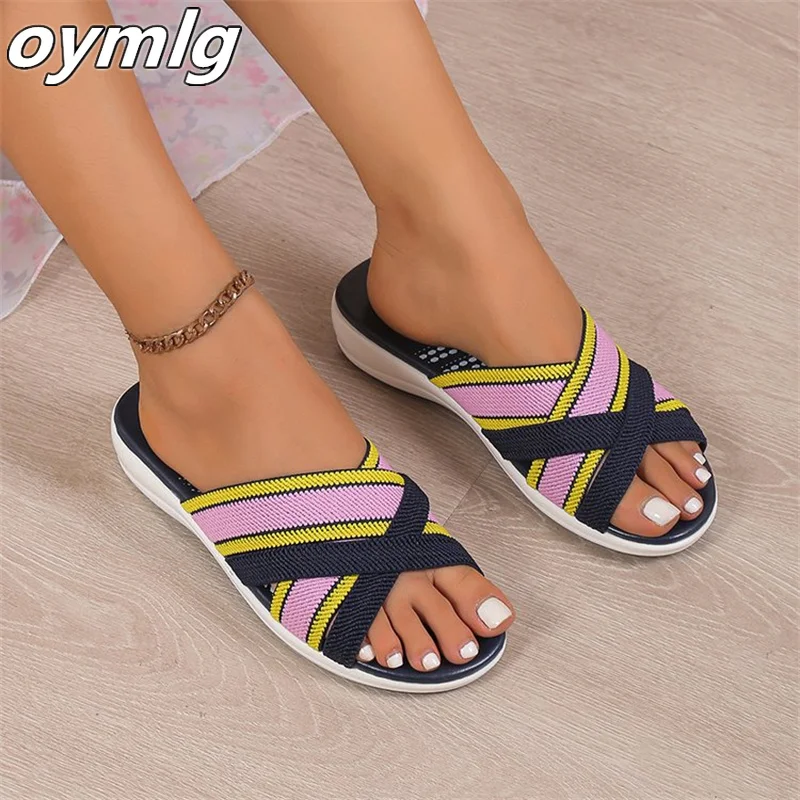 Oversized Thick Sole Slope Heel Sandals for Women's 2023 Summer New Flat Cross Woven Soft Sole Shoes slippers women