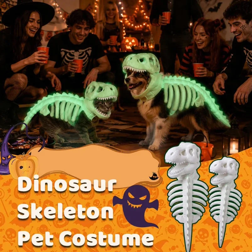 Glow in Dark Dinosaur Skeleton Cat Costume Soft Plush Pet Halloween Outfit for Dogs Cats Glowing Cosplay Party Puppy Clothes