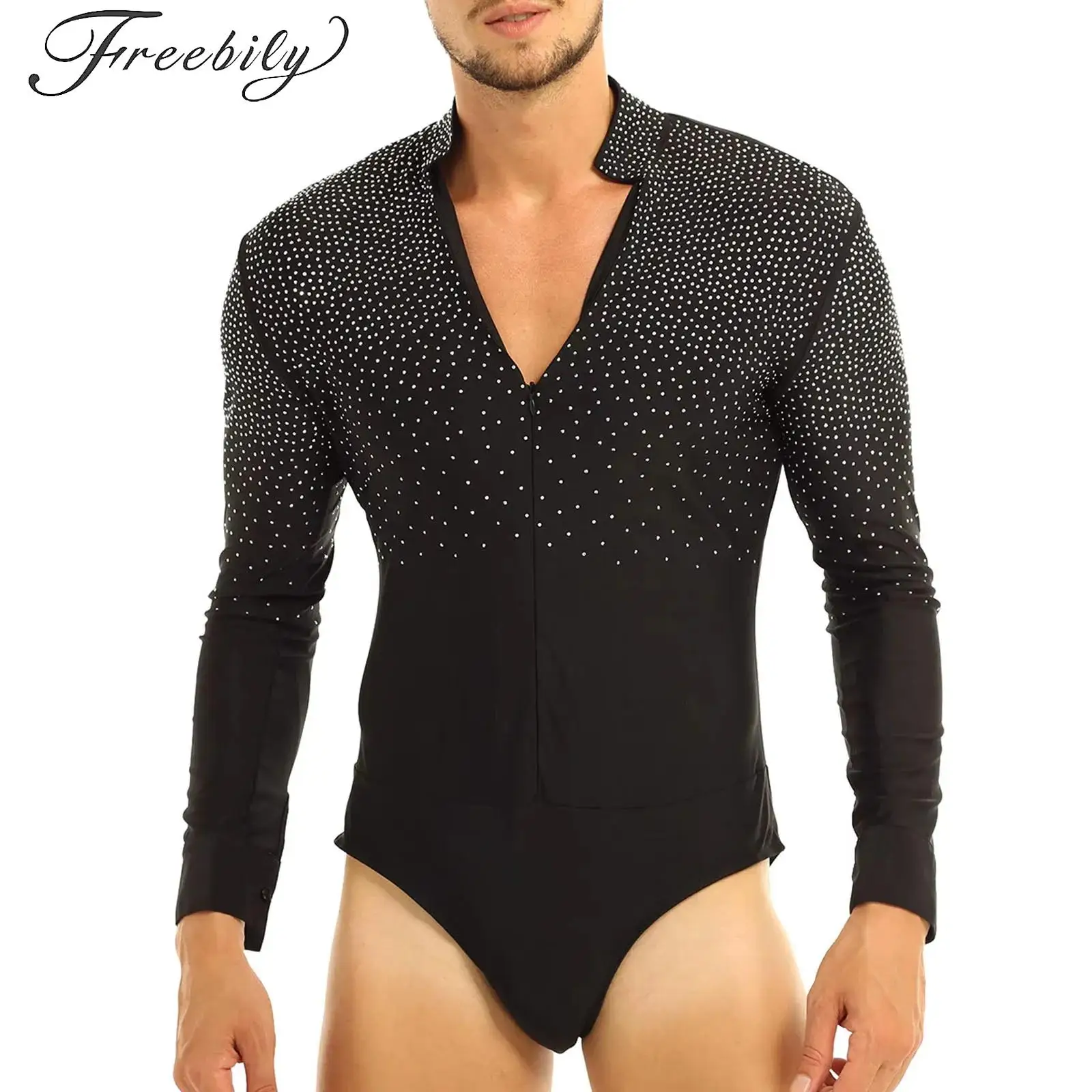 

Mens Gymnastics Figure Skating Leotard Costume Rhinestones V-neck Latin Jazz Dance Bodysuit Shirt Top Chacha Rumba Costume