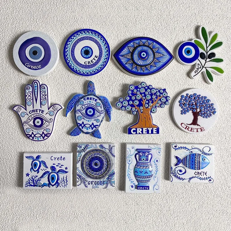 

Greece Crete Fridge Magnets, Evil Eye/Hand/Turtle/Tree Patterns, Cute Home Decor for Refrigerator, Strong Magnets for Room Decor