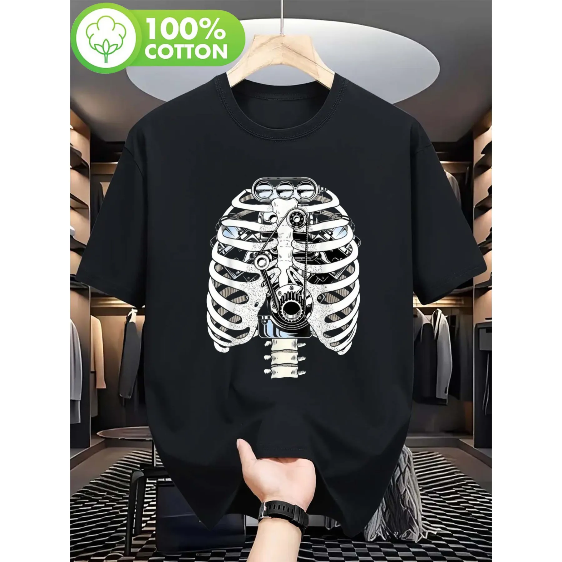 Mechanical Rib Cage Engine Graphic Tee Men's Short Sleeve Pure Cotton Mechanic T-Shirt Casual Daily Wear