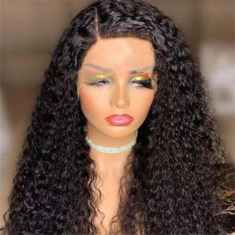 Soft 180Density Kinky Curly Long Natural Black Preplucked 26Inch Deep Lace Front Wig For Women With Baby Hair Glueless Daily