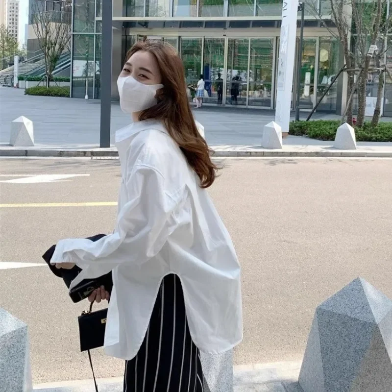 Oversize Back Slit White Shirt Stylish Loose Blouse For Women