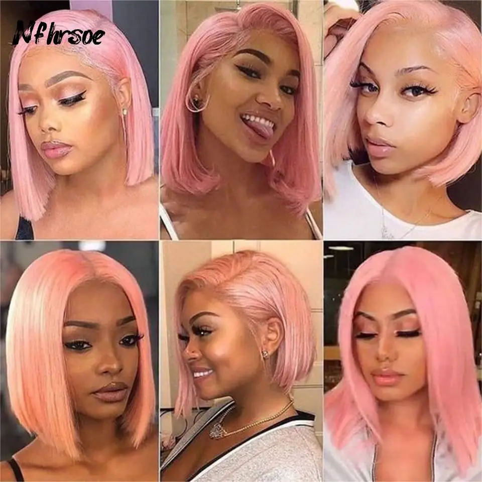 

Высококачественный розовый прямой короткий парик-боб с прозрачной HD-основой из кружевной ткани, бразильские окрашенные человеческие волосы, для женщин, с предварительно выщипанной линией роста волос.