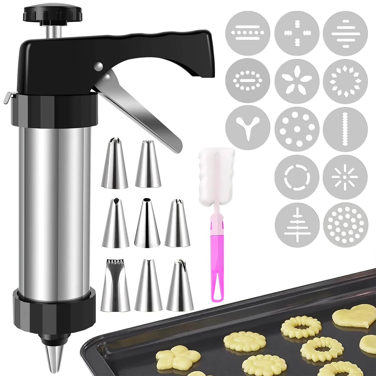 

Cookie Maker Machine Stainless Steel Churros Gun Multifunctional Cookie Press with 13 Discs and 8 Icing Tips Kitchen Baking Tool