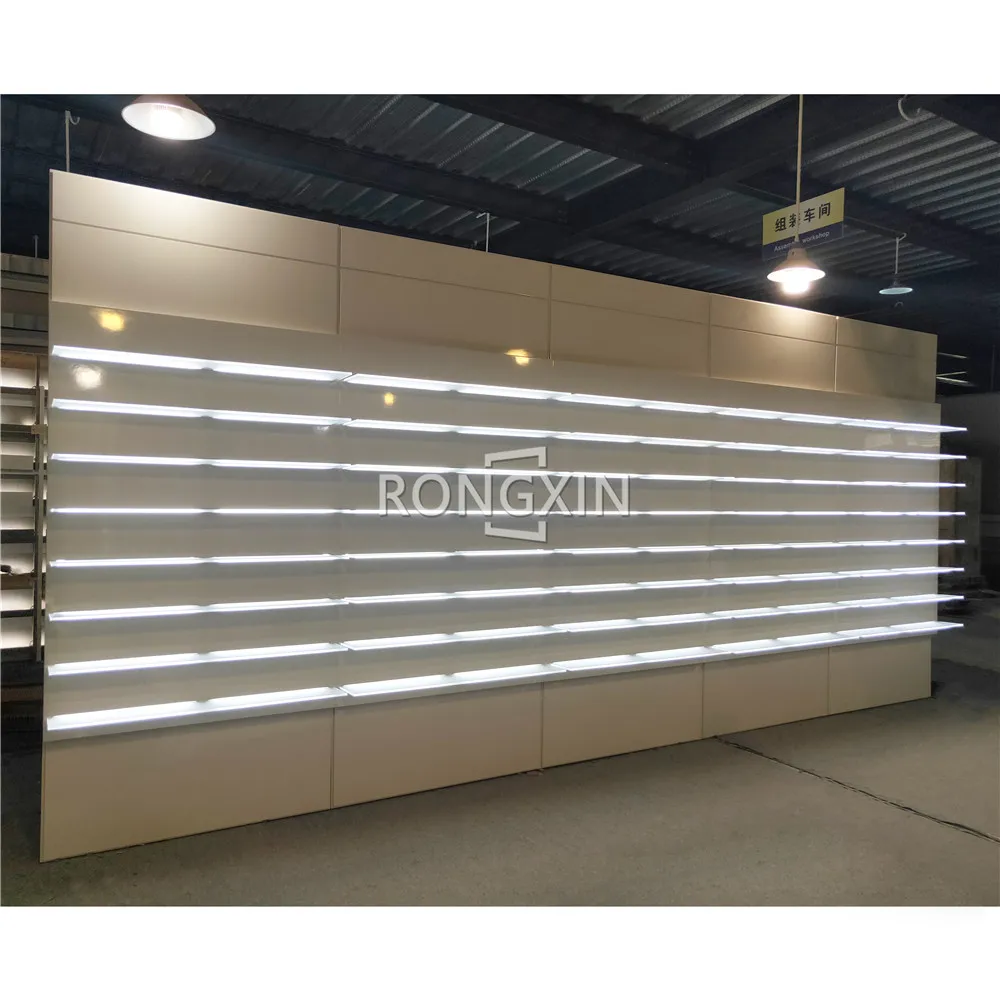 Custom Fashion Clothing Retail Store Wooden Wall Display Furniture Acrylic LED Shelf Display Wall Mounted Display Shelf For Sale