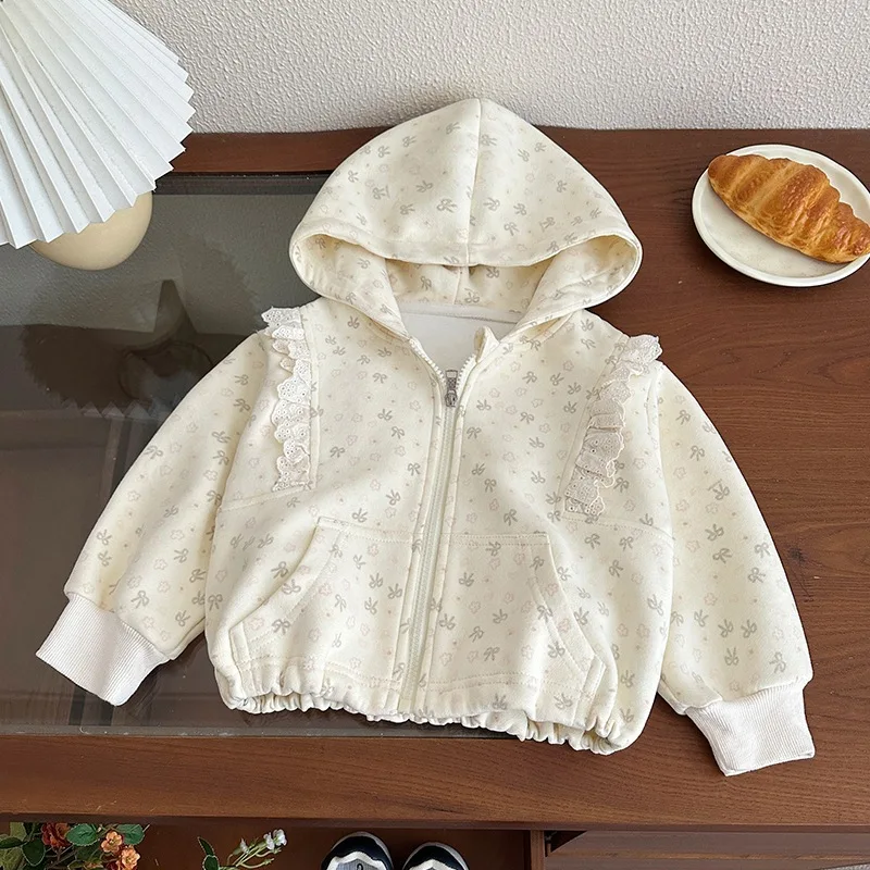 

Повседневная куртка для маленьких девочек, весенне-осенняя кружевная лоскутная куртка с бантом и цветочным принтом, верхняя одежда на молнии с капюшоном, милая куртка для девочек