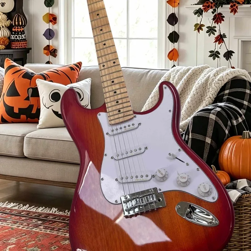 Cherry Sunburst STO Electric Guitar 3 Single Coil Pickups 2Point Floating Tremolo Bright High Frequency Tone Blues Funk Beginner