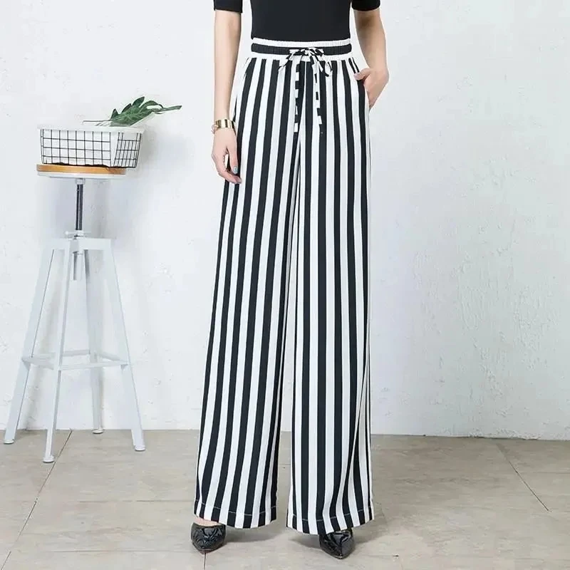 

Women Summer Chiffon Straight Pants Women Casual Stripe Baggy Pants 2022 New High Waist Elastic Lace Up Wide Leg Pants Big Size