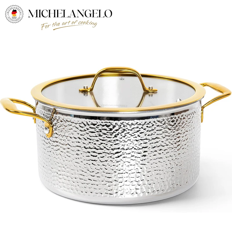 

MICHELANGELO Non-stick Stock Pot with Lid Luxury Hammered Stainless Steel 6 Quart Pot with Golden Handle Induction Stockpot