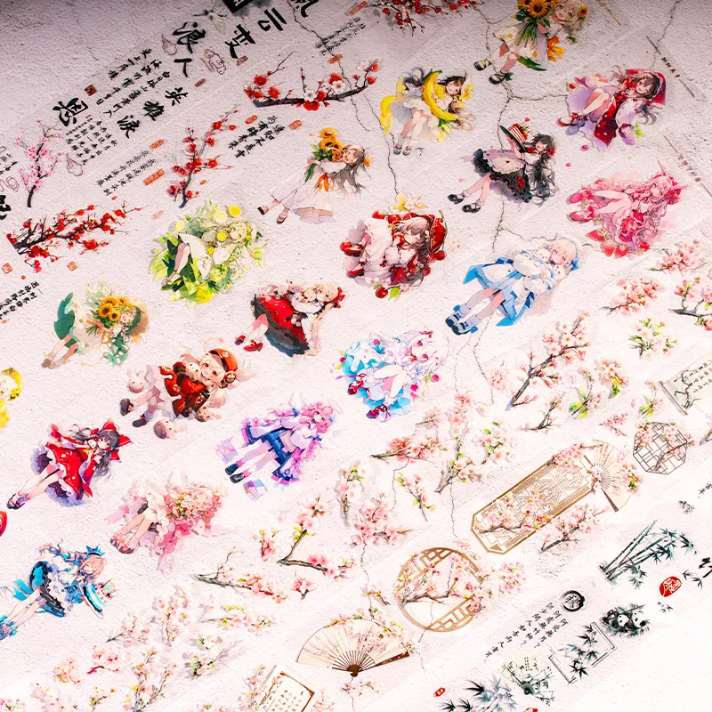 식물 pet 테이프 귀여운 소녀 스크랩북 스티커 재료, 카드 제작 저널, 미적 콜라주, 일기 장식, 롤 당 2m