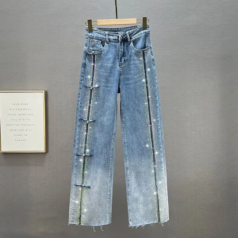 Ladies' Denim Wide Leg Pants with Long Pants, New Autumn High Waisted, Loose Fit, Slimming, Hot Pressed Diamond Floor Pants