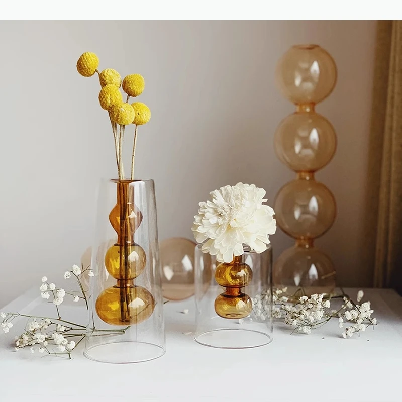 Double Layered Glass Vase Flower Ware Transparent Hydroponic Vase Flower Arrangement Vase Living Room Aesthetic Decor