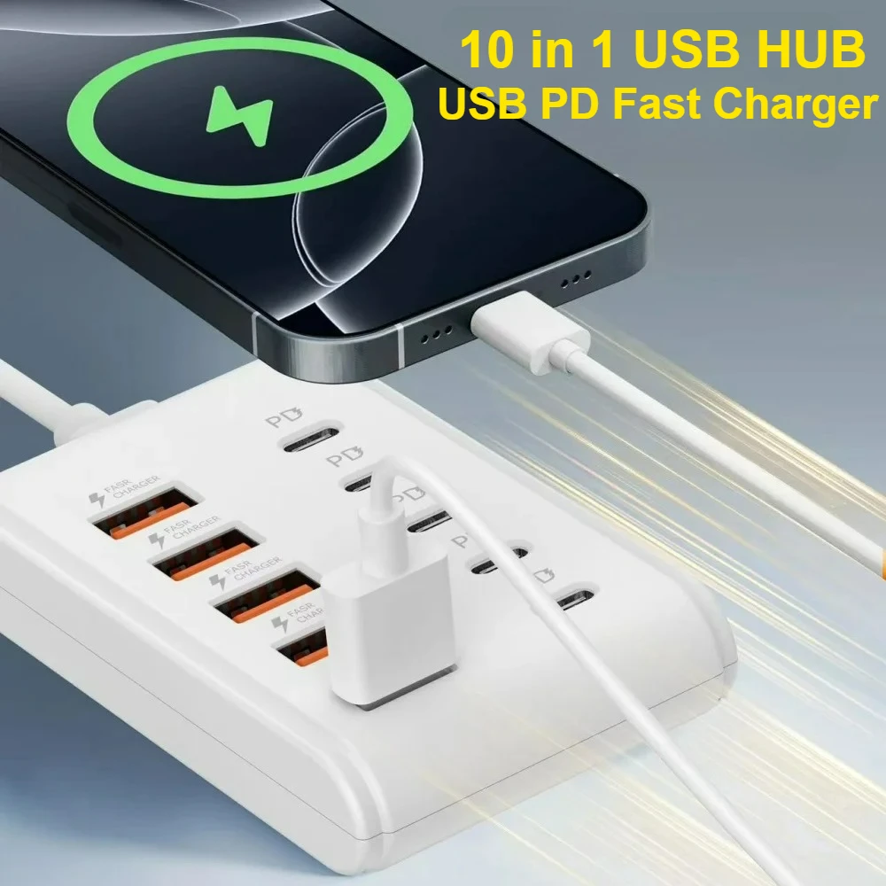 10 in 1 Multi Ports USB Charger Type C Fast Charging Power Socket Desktop Quick Charge Adapter Fast Charge with 1m USB PD Hub