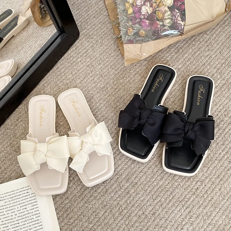 Women Slippers Summer New Fashion Elegant Bow Casual Indoor Outdoor Beach Non Slip Breathable Women Off White Slippers