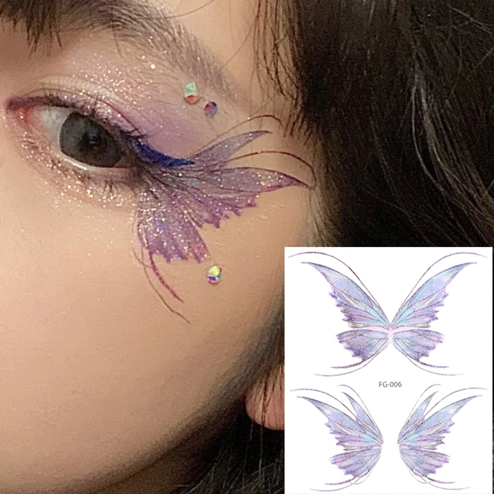 

10Sheets Fairy Butterfly Wings Shiny Tattoo Sticker Waterproof Eyes Face Art Fake Tattoos For Women Makeup Dance Music Festival