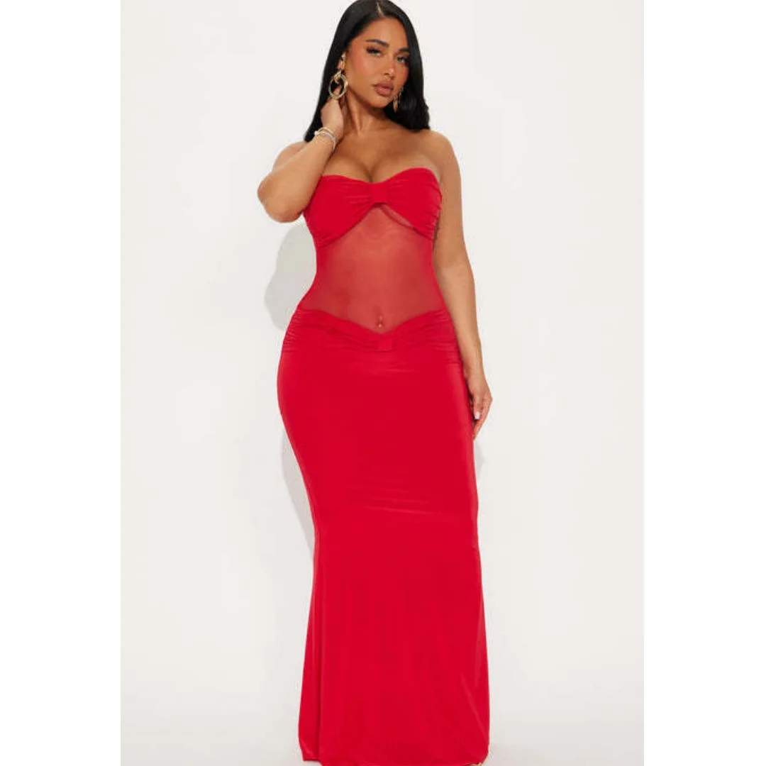 Fashion Off Shoulder Sexy Hollow Out Long Dresses Solid Slim Strapless Mesh Sheer Dress Elegant Summer Party Club Evening Gown - view 4